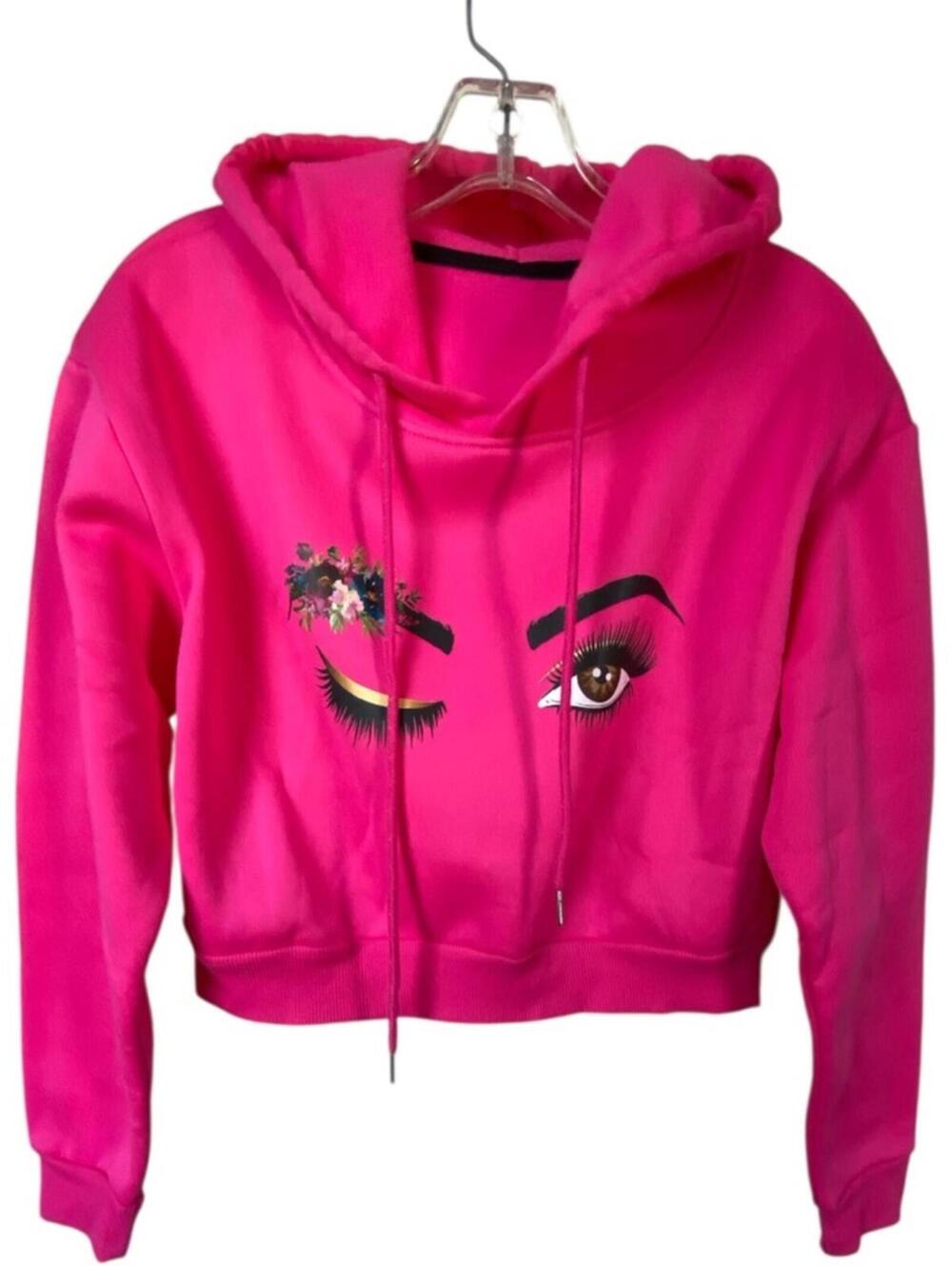 Pink Crop Hoodie I Eye Graphic Pullover Sweatshirt Streetwear New